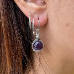 ORECCHINI PENDENTI ETNICO CON CORNICE CORDA A GOCCIA GEMME CABOCHON AMETISTA  MONACHINA ARGENTO 925