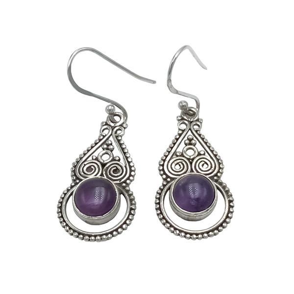 ORECCHINI PENDENTI ETNICO CON BASE GOCCIA TRAFORATA GEMMA TONDA CABOCHON AMETISTA  MONACHINA ARGENTO 925