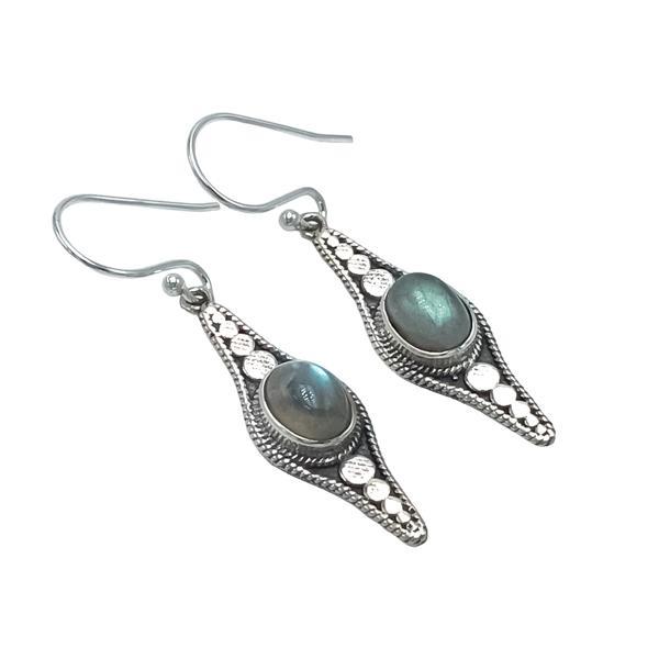 ORECCHINI PENDENTI ETNICO CON BASE ELLISSE GEMMA OVALE LABRADORITE  MONACHINA ARGENTO 925