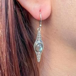 ORECCHINI PENDENTI ETNICO CON BASE ELLISSE GEMMA OVALE LABRADORITE  MONACHINA ARGENTO 925