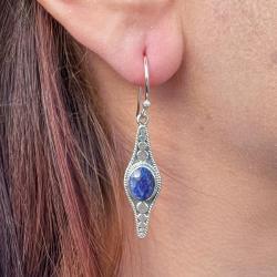 ORECCHINI PENDENTI ETNICO CON BASE ELLISSE LAVORATA GEMMA BRIOLETTE OVALE LAPISLAZZULI  MONACHINA ARGENTO 925