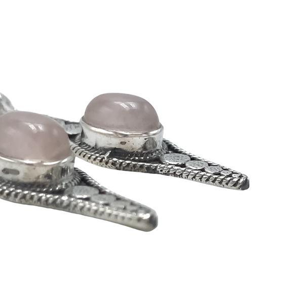 ORECCHINI PENDENTI ETNICO CON BASE ELLISSE LAVORATA GEMMA CABOCHON OVALE QUARZO ROSA  MONACHINA ARGENTO 925