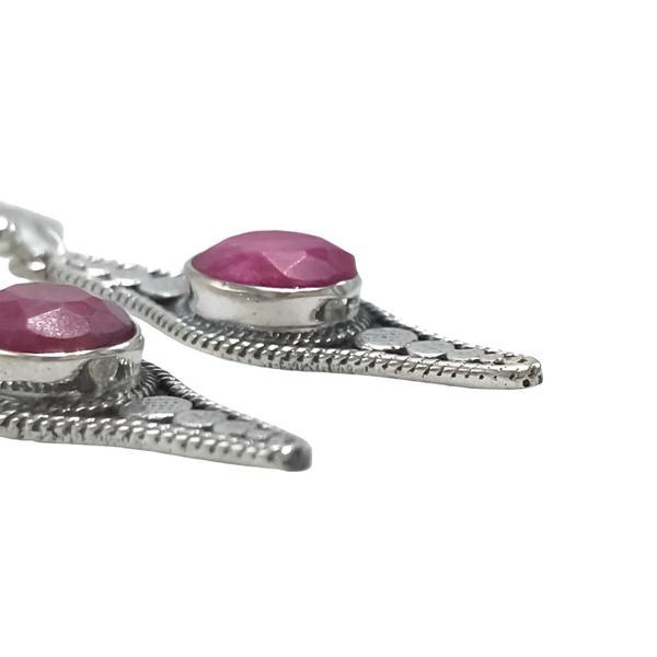 ORECCHINI PENDENTI ETNICO CON BASE ELLISSE LAVORATA GEMMA BRIOLETTE OVALE RADICE DI RUBINO  MONACHINA ARGENTO 925