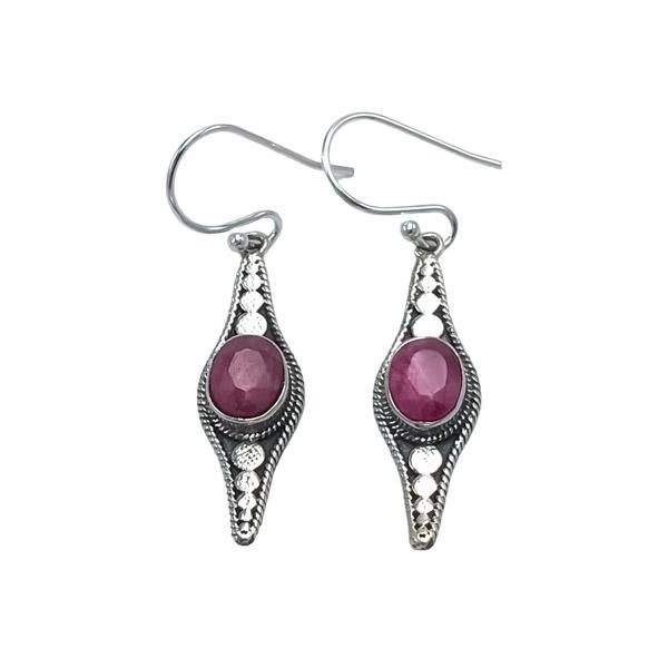 ORECCHINI PENDENTI ETNICO CON BASE ELLISSE LAVORATA GEMMA BRIOLETTE OVALE RADICE DI RUBINO  MONACHINA ARGENTO 925
