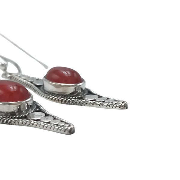 ORECCHINI PENDENTI ETNICO CON BASE ELLISSE LAVORATA GEMMA CABOCHON OVALE CORNIOLA  MONACHINA ARGENTO 925