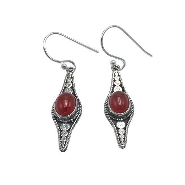 ORECCHINI PENDENTI ETNICO CON BASE ELLISSE LAVORATA GEMMA CABOCHON OVALE CORNIOLA  MONACHINA ARGENTO 925
