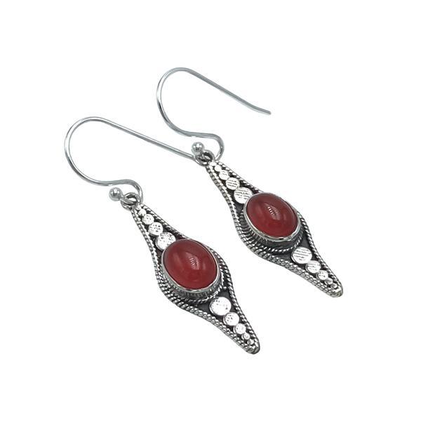 ORECCHINI PENDENTI ETNICO CON BASE ELLISSE LAVORATA GEMMA CABOCHON OVALE CORNIOLA  MONACHINA ARGENTO 925