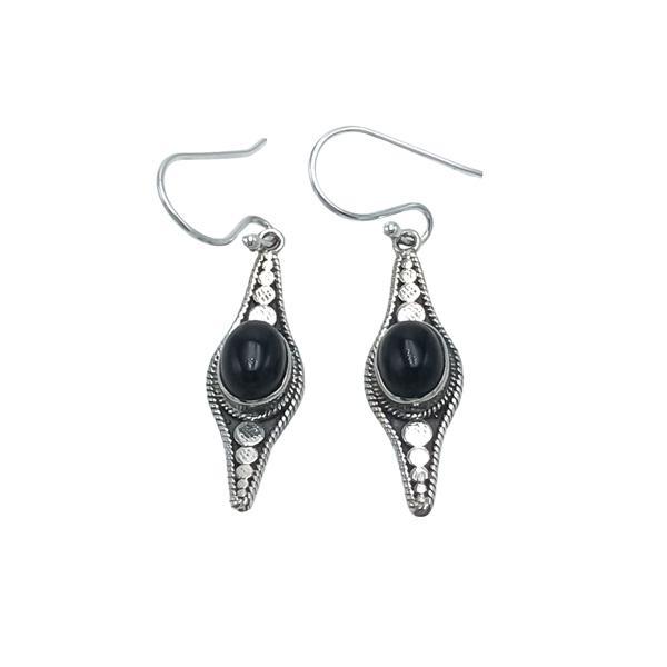 ORECCHINI PENDENTI ETNICO CON BASE ELLISSE LAVORATA GEMMA CABOCHON OVALE TORMALINA NERA  MONACHINA ARGENTO 925