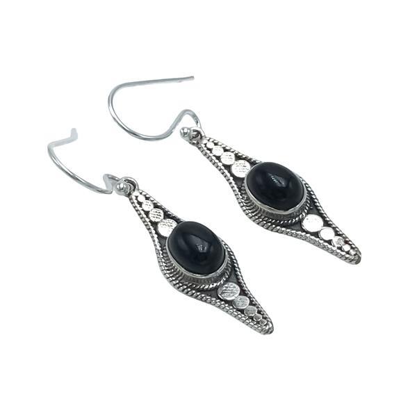 ORECCHINI PENDENTI ETNICO CON BASE ELLISSE LAVORATA GEMMA CABOCHON OVALE TORMALINA NERA  MONACHINA ARGENTO 925