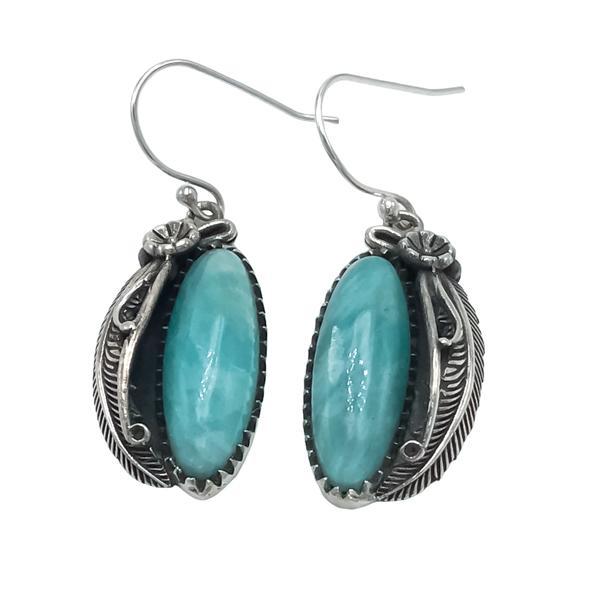 ORECCHINI PENDENTI ETNICO CON BASE ELLISSE CON PIUMA GEMMA CABOCHON OVALE AMAZZONITE  MONACHINA ARGENTO 925