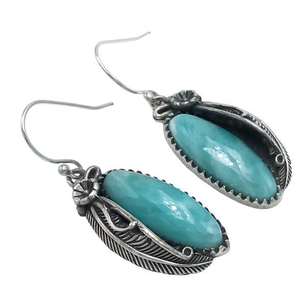 ORECCHINI PENDENTI ETNICO CON BASE ELLISSE CON PIUMA GEMMA CABOCHON OVALE AMAZZONITE  MONACHINA ARGENTO 925