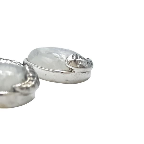 ORECCHINI PENDENTI ETNICO CON BASE A FOGLIA ALLUNGATA GEMMA CABOCHON A GOCCIA ADULARIA  MONACHINA ARGENTO 925