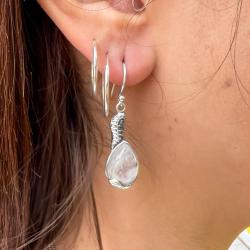 ORECCHINI PENDENTI ETNICO CON BASE A FOGLIA ALLUNGATA GEMMA CABOCHON A GOCCIA ADULARIA  MONACHINA ARGENTO 925