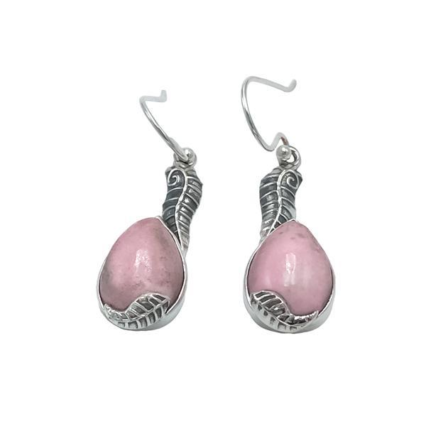 ORECCHINI PENDENTI ETNICO CON BASE A FOGLIA ALLUNGATA GEMMA CABOCHON A GOCCIA THULITE  MONACHINA ARGENTO 925