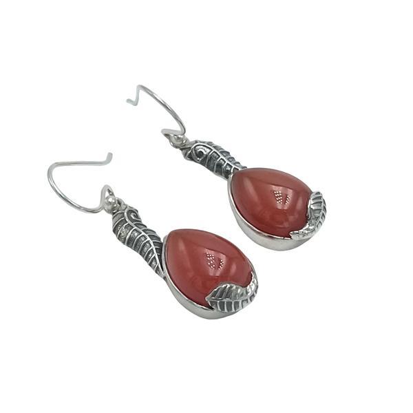 ORECCHINI PENDENTI ETNICO CON BASE A FOGLIA ALLUNGATA GEMMA CABOCHON A GOCCIA CORNIOLA  MONACHINA ARGENTO 925