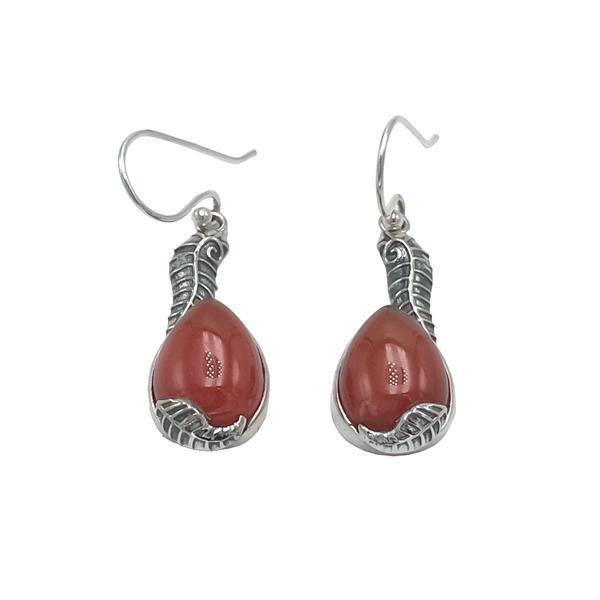 ORECCHINI PENDENTI ETNICO CON BASE A FOGLIA ALLUNGATA GEMMA CABOCHON A GOCCIA CORNIOLA  MONACHINA ARGENTO 925