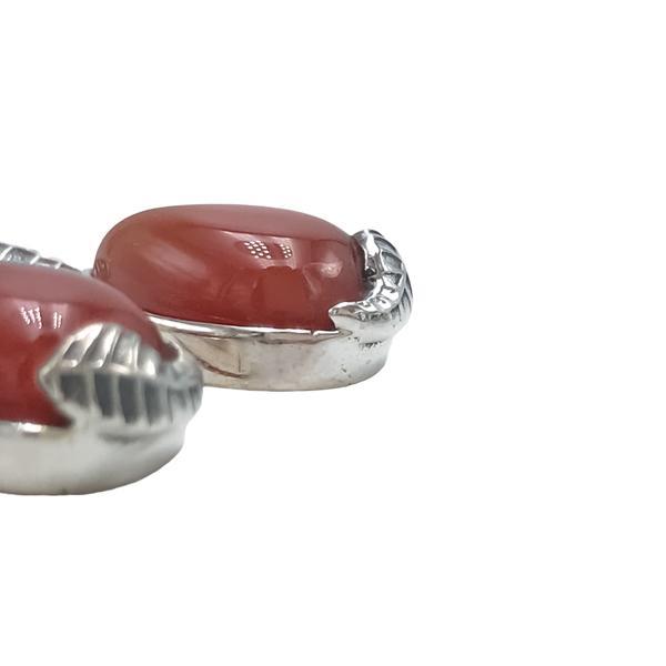 ORECCHINI PENDENTI ETNICO CON BASE A FOGLIA ALLUNGATA GEMMA CABOCHON A GOCCIA CORNIOLA  MONACHINA ARGENTO 925