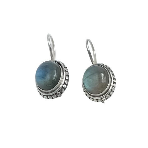 ORECCHINI PENDENTI ETNICO CON CORNICE OVALE PUNTINATA  GEMMA CABOCHON LABRADORITE  MONACHINA ARGENTO 925