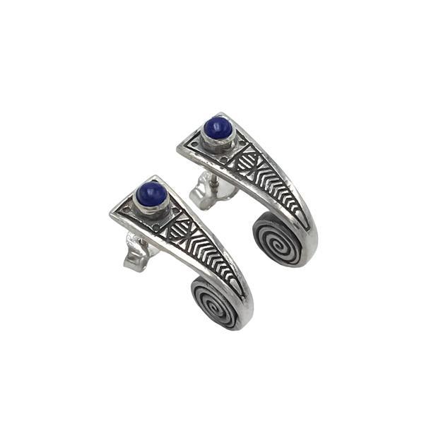 ORECCHINI PENDENTI ETNICO RIGIDO STILE EGIZIANO  GEMMA CABOCHON LAPISLAZZULI  MONACHINA ARGENTO 925