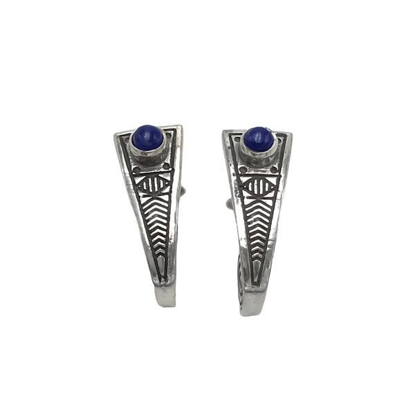 ORECCHINI PENDENTI ETNICO RIGIDO STILE EGIZIANO  GEMMA CABOCHON LAPISLAZZULI  MONACHINA ARGENTO 925