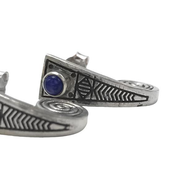 ORECCHINI PENDENTI ETNICO RIGIDO STILE EGIZIANO  GEMMA CABOCHON LAPISLAZZULI  MONACHINA ARGENTO 925