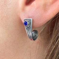 ORECCHINI PENDENTI ETNICO RIGIDO STILE EGIZIANO  GEMMA CABOCHON LAPISLAZZULI  MONACHINA ARGENTO 925