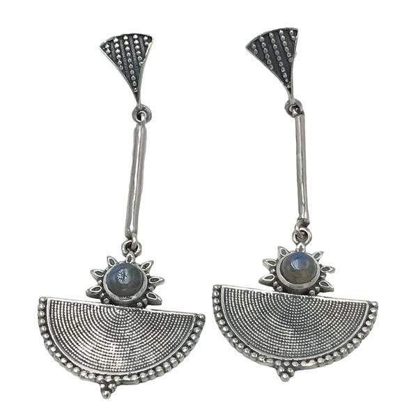 ORECCHINI PENDENTI ETNICO SEMI RIGIDO ALLUNGATO A VENTAGLIO LAVORATO GEMMA CABOCHON LABRADORITE  MONACHINA ARGENTO 925