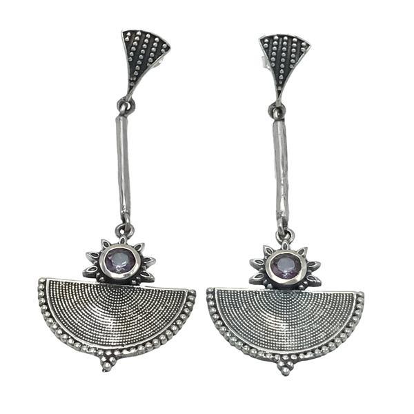 ORECCHINI PENDENTI ETNICO SEMI RIGIDO ALLUNGATO A VENTAGLIO LAVORATO GEMMA BRIOLETTE MISTYC TOPAZ  MONACHINA ARGENTO 925