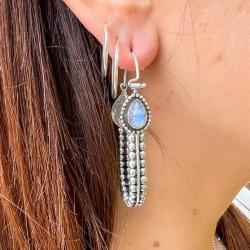 ORECCHINI PENDENTI ETNICO RIGIDO OVALE PUNTINATO LAVORATO GEMMA GOCCIA CABOCHON ADULARIA  MONACHINA ARGENTO 925