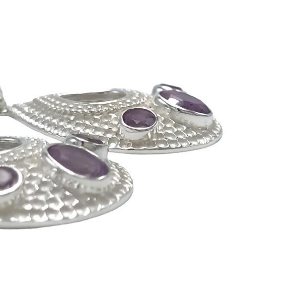 ORECCHINI PENDENTI ETNICO LUCIDO A GOCCIA PUNTINATA CON  GEMMA GOCCIA BRIOLETTE AMETISTA  MONACHINA ARGENTO 925