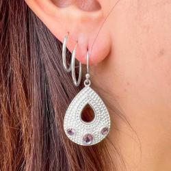 ORECCHINI PENDENTI ETNICO LUCIDO A GOCCIA PUNTINATA CON  GEMMA GOCCIA BRIOLETTE AMETISTA  MONACHINA ARGENTO 925