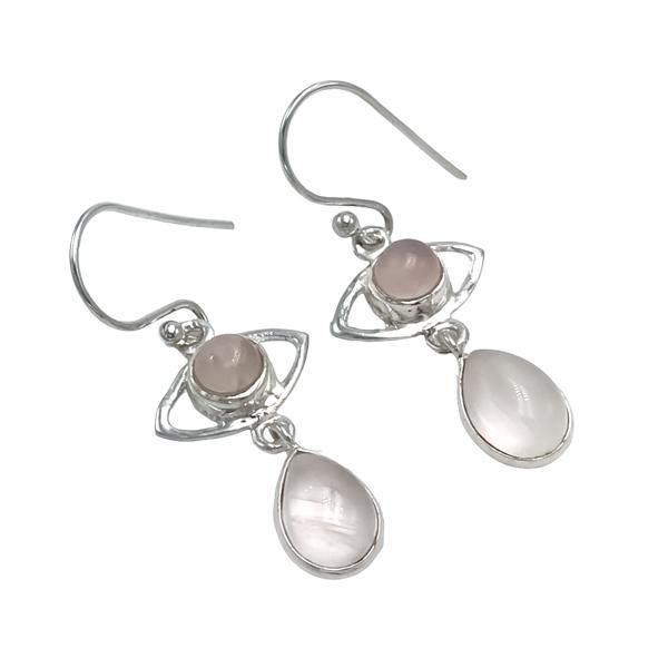 ORECCHINI PENDENTI ETNICO OCCHIO GEMMA GOCCIA CABOSCHON QUARZO ROSA  MONACHINA ARGENTO 925