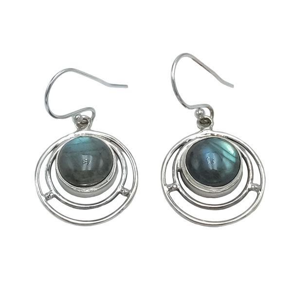 ORECCHINI PENDENTI ETNICO TONDO CORNICE A FILO  CABOCHON LABRADORITE  MONACHINA ARGENTO 925
