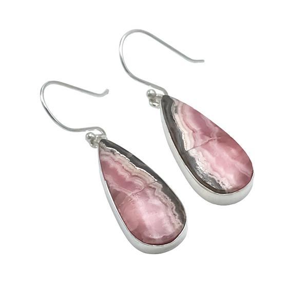 ORECCHINI PENDENTI MINIMAL CORNICE GOCCIA GEMMA CABOCHON RODOCROSITE MONACHINA ARGENTO 925