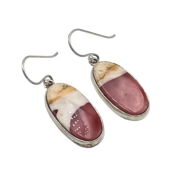 ORECCHINI PENDENTI MINIMAL CORNICE OVALE GEMMA CABOCHON MOKAITE MONACHINA ARGENTO 925