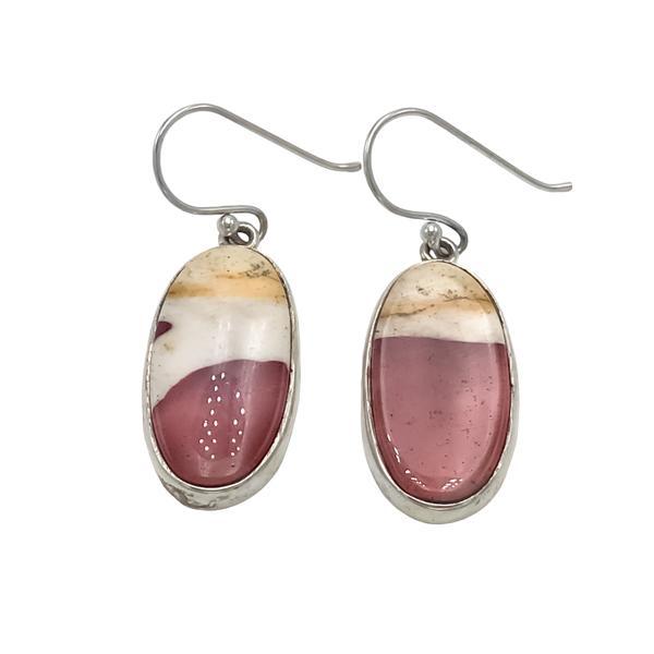 ORECCHINI PENDENTI MINIMAL CORNICE OVALE GEMMA CABOCHON MOKAITE MONACHINA ARGENTO 925