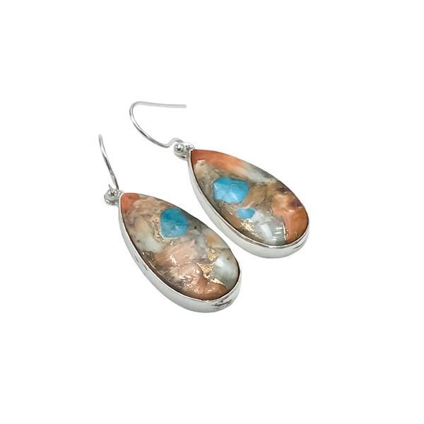 ORECCHINI PENDENTI MINIMAL CORNICE GOCCIA GEMMA CABOCHON TURCHESE CARAIBICO MONACHINA ARGENTO 925