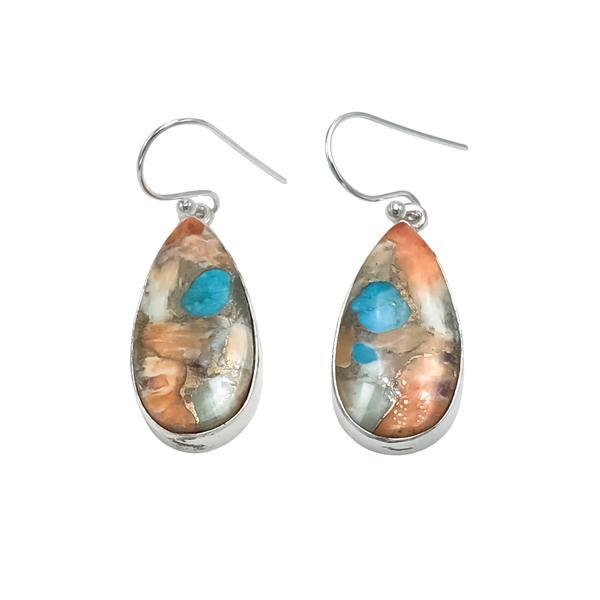 ORECCHINI PENDENTI MINIMAL CORNICE GOCCIA GEMMA CABOCHON TURCHESE CARAIBICO MONACHINA ARGENTO 925