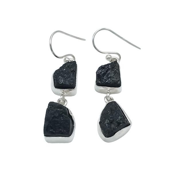 ORECCHINI PENDENTI MINIMAL CON GEMME GREZZE TORMALINA NERA MONACHINA ARGENTO 925