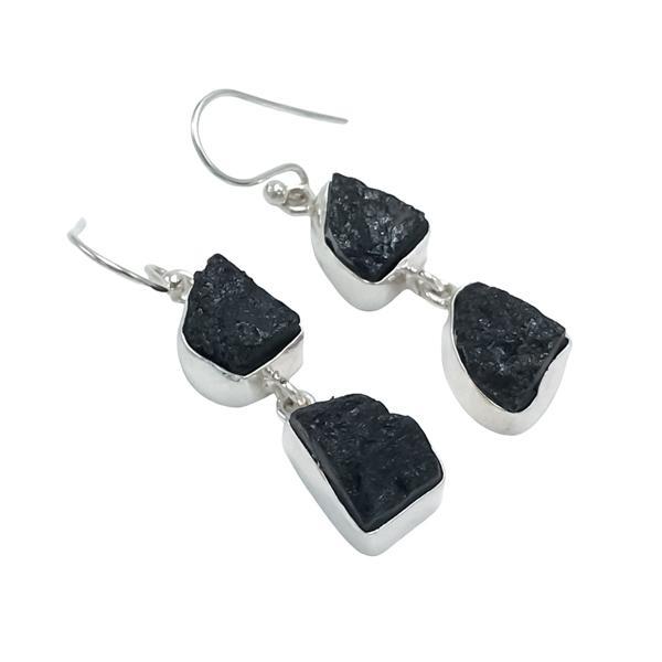 ORECCHINI PENDENTI MINIMAL CON GEMME GREZZE TORMALINA NERA MONACHINA ARGENTO 925