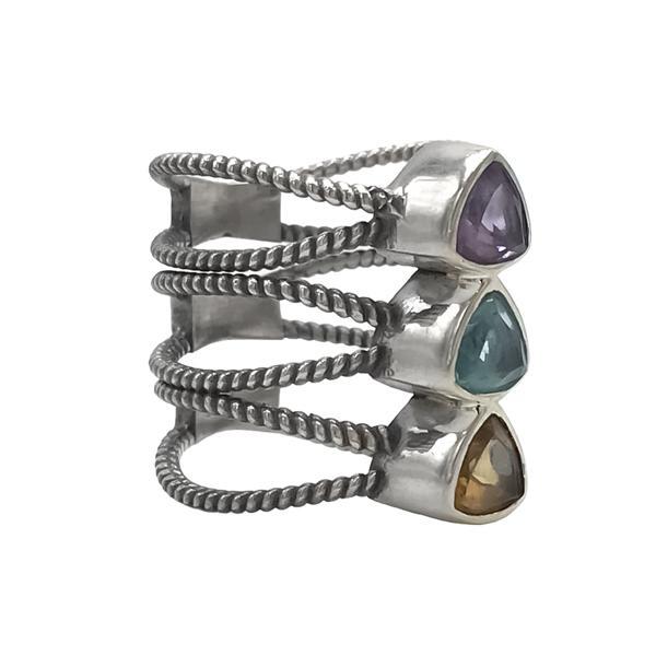 ANELLO FASCIA TRE ANELLI PIETRE TRIANGOLARI BRIOLETTE AMETISTA QUARZO CITRINI ACQUAMARINA ARGENTO 925 