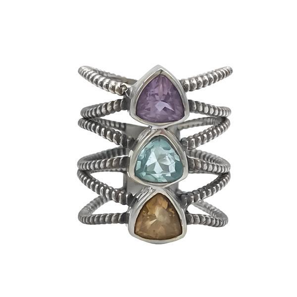 ANELLO FASCIA TRE ANELLI PIETRE TRIANGOLARI BRIOLETTE AMETISTA QUARZO CITRINI ACQUAMARINA ARGENTO 925 