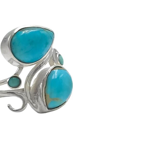 ANELLO ARTIGIANALE CON DOPPIA GOCCIA CABOCHON TURCHESE NATURALE ARGENTO 925 