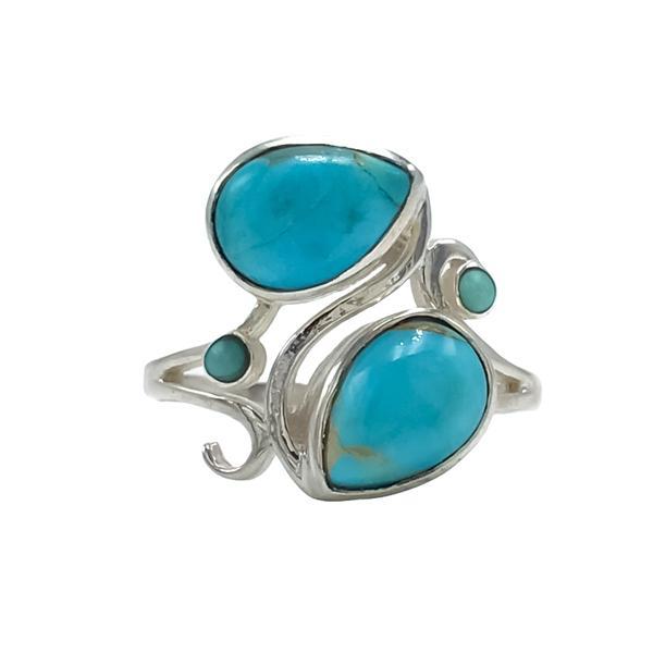 ANELLO ARTIGIANALE CON DOPPIA GOCCIA CABOCHON TURCHESE NATURALE ARGENTO 925 