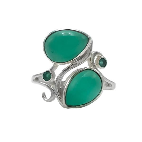ANELLO ARTIGIANALE CON DOPPIA GOCCIA CABOCHON AGATA VERDE ARGENTO 925 