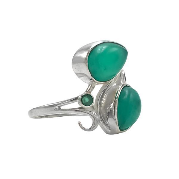 ANELLO ARTIGIANALE CON DOPPIA GOCCIA CABOCHON AGATA VERDE ARGENTO 925 