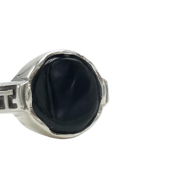 ANELLO MINIMAL CON LAVORAZIONE A GRECA PETRA CABOCHON OSSIDIANA NERA ARGENTO 925 