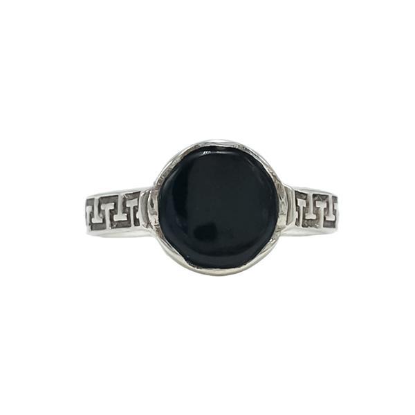 ANELLO MINIMAL CON LAVORAZIONE A GRECA PETRA CABOCHON OSSIDIANA NERA ARGENTO 925 