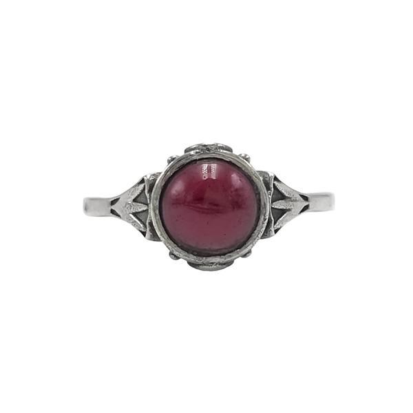 ANELLO MINIMAL CON CORNICE LAVORATA  PETRA TONDA CABOCHON GRANATO ARGENTO 925 