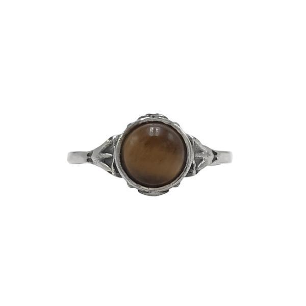 ANELLO MINIMAL CON CORNICE LAVORATA  PETRA TONDA CABOCHON OCCHIO DI TIGRE ARGENTO 925 